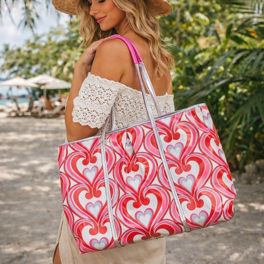 Brighton Pink Heart Print Tote Bag Metallic Trim Shoulder Bag Large Boho Chic
